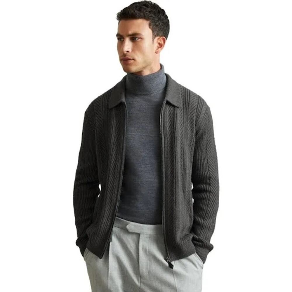 Reiss Winnie Cotton Wool Full Zip Cabled Jumper Mid Grey Melange Men’s XL